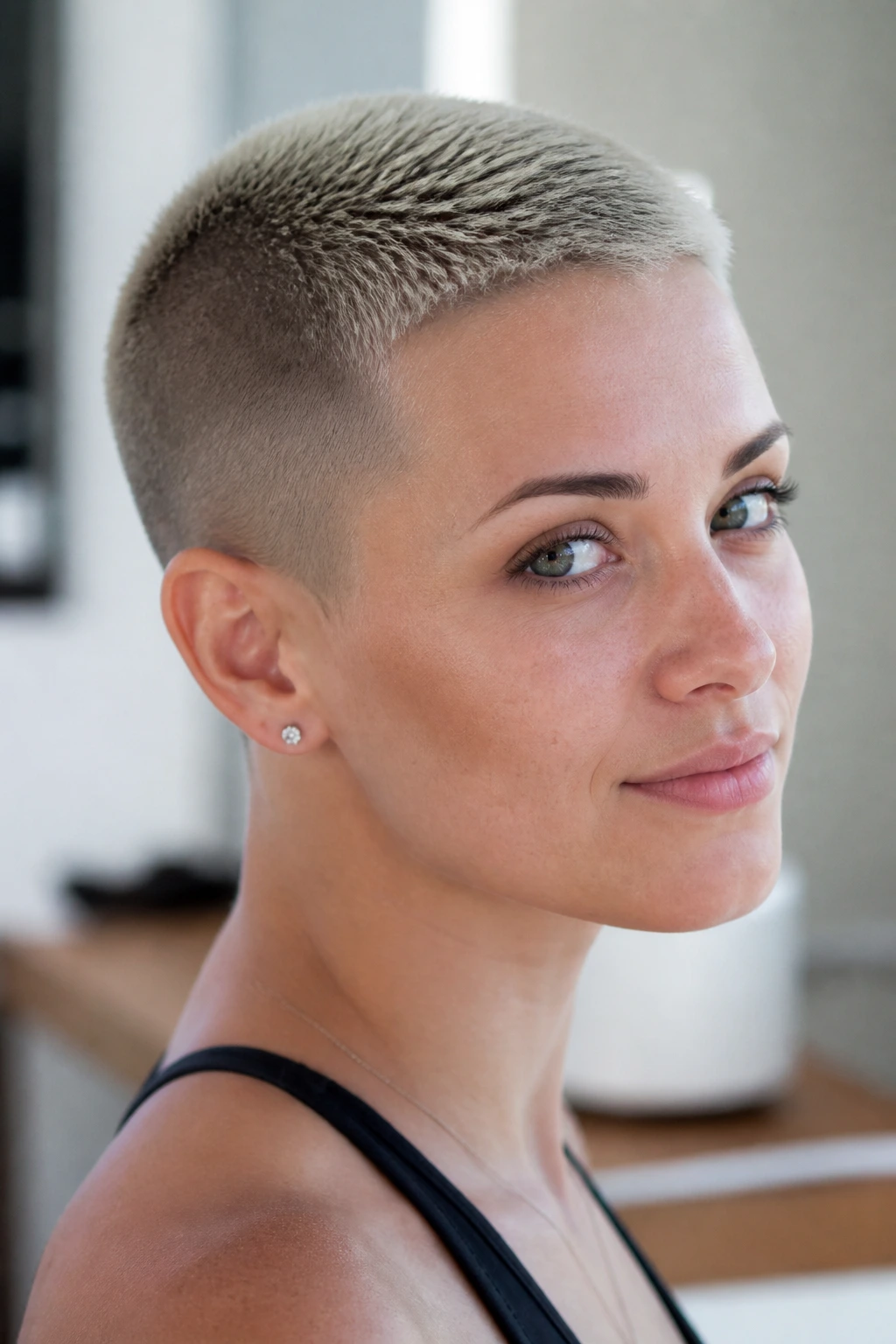 Close-up portrait of a real person with a frosted crown buzz showing a lighter top