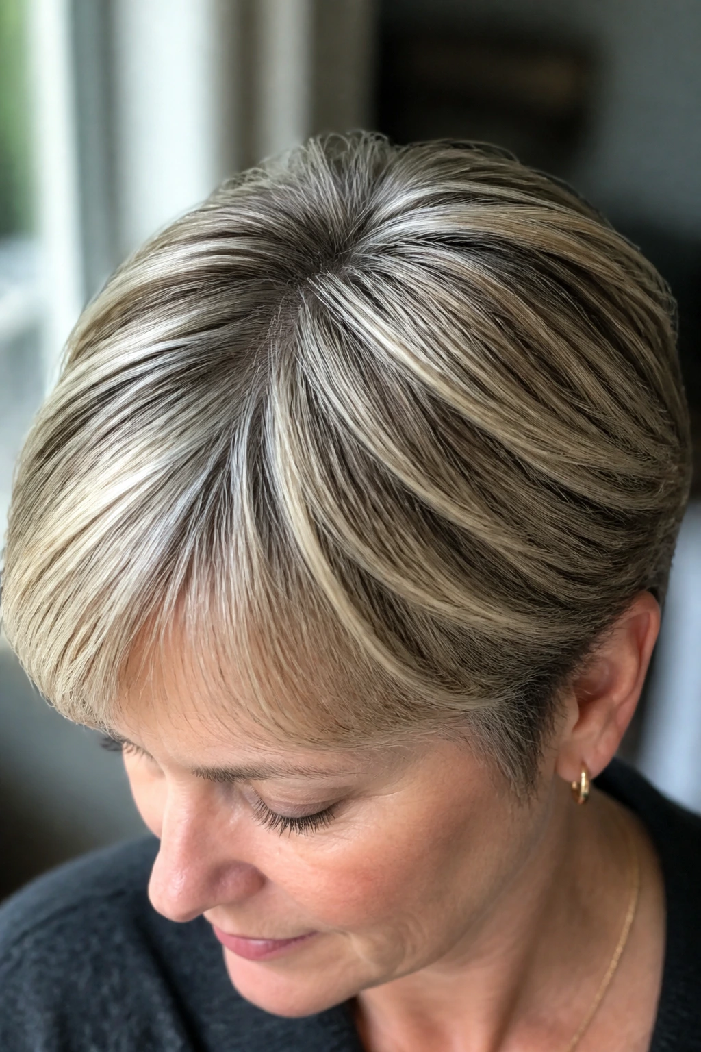 Close-up of a real woman's crown area with frosted highlights lifting the top of hair