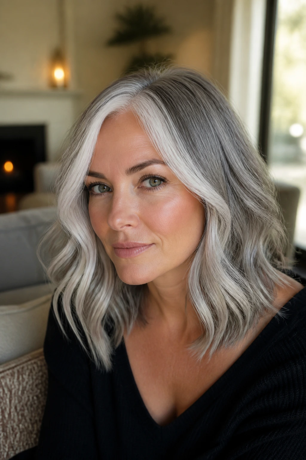 Woman with frosted face-framing money piece in silver hair