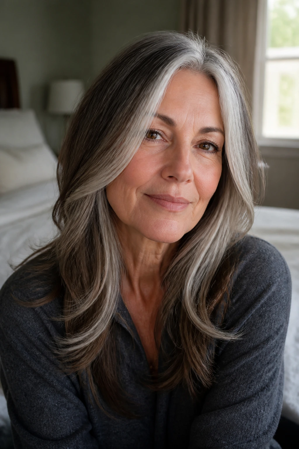 Close-up portrait of a real woman with frosted face frame and soft ends around the face.