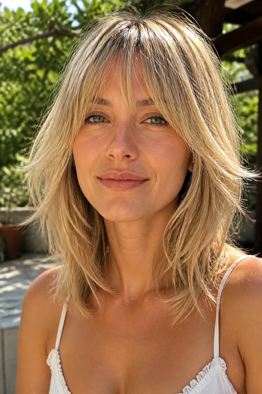 Portrait of a real woman with a frosted fringe and layered ends in sunlit outdoor setting