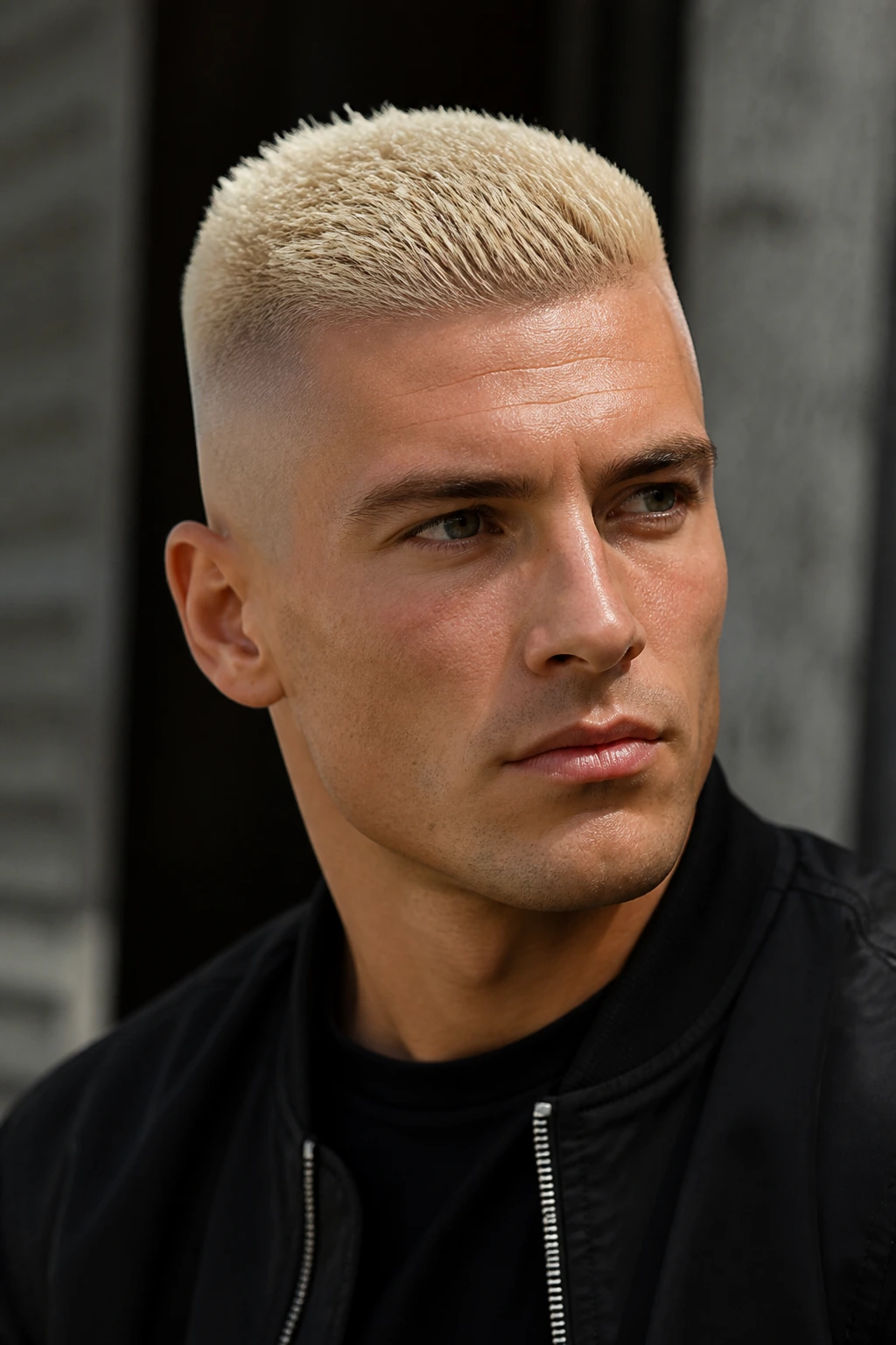 Close-up portrait of a man with frosted high and tight haircut in daylight