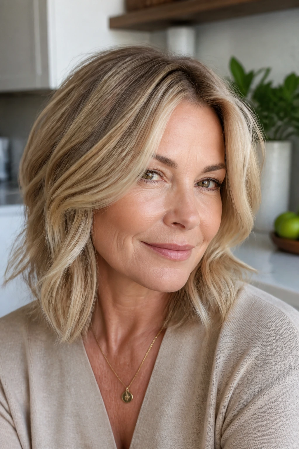 Close-up portrait of a real woman with frosted honey blonde hair in a bright kitchen light