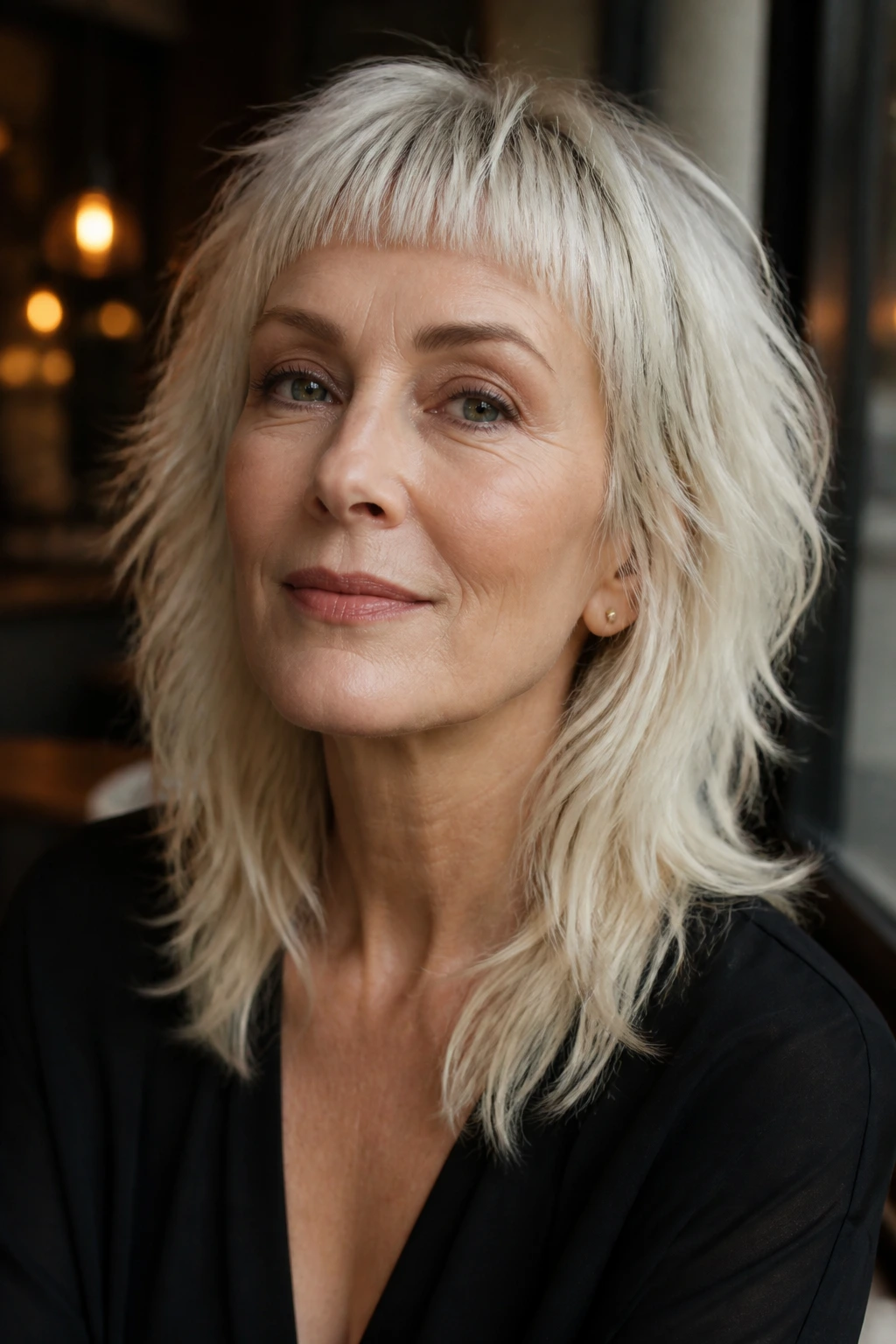 Close-up portrait of woman with frosted platinum micro-bangs wolf cut