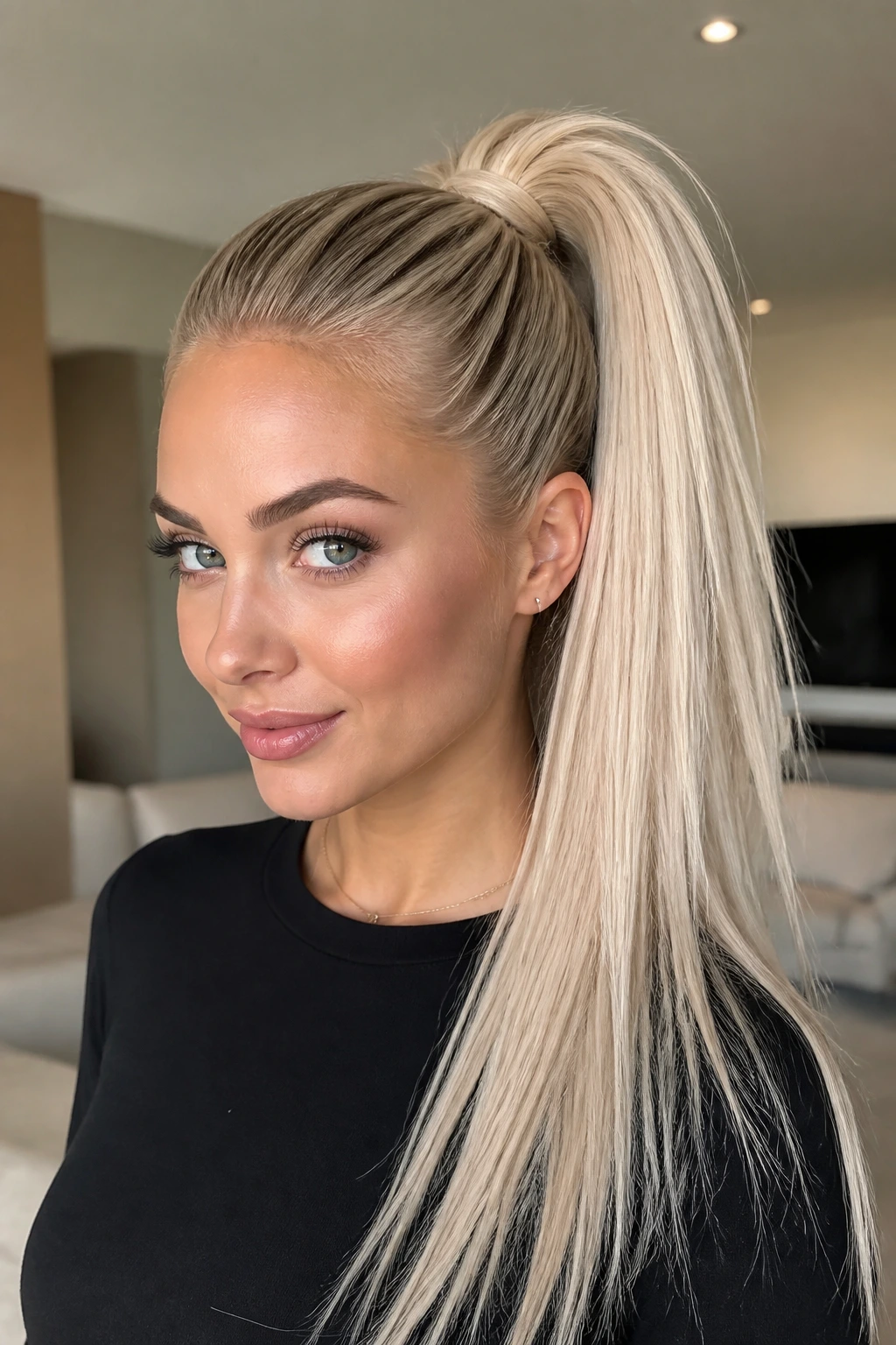 Portrait of a person with a frosted milk blonde high ponytail