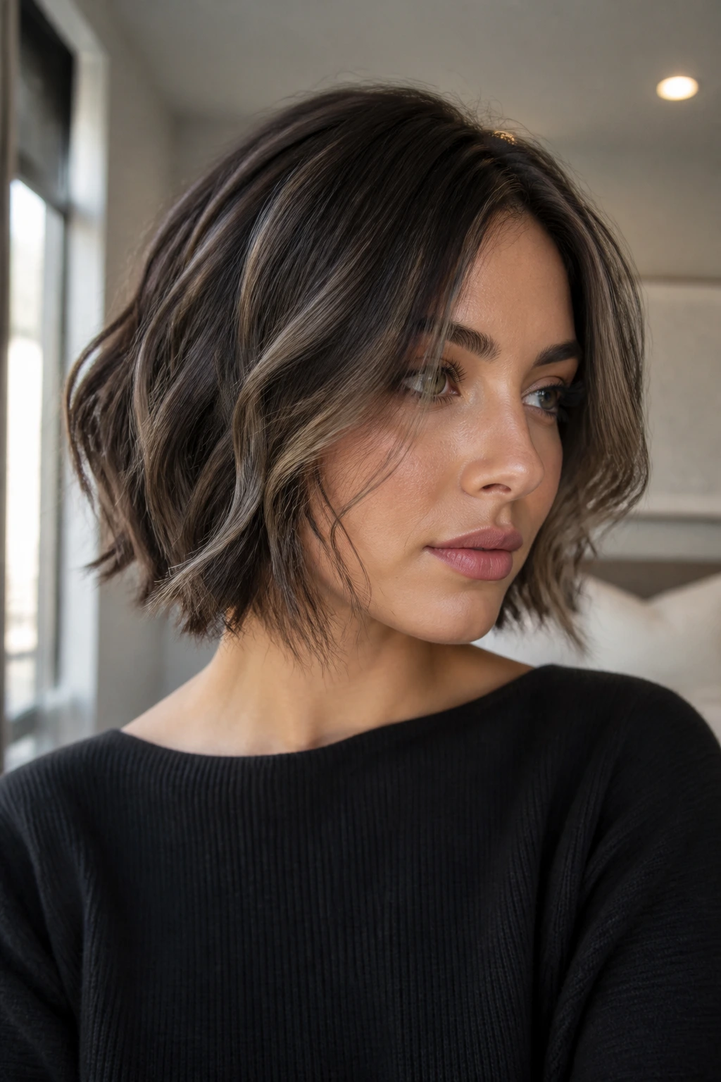 Close-up of real person with frosted mocha brunette and cool highlighted pieces.