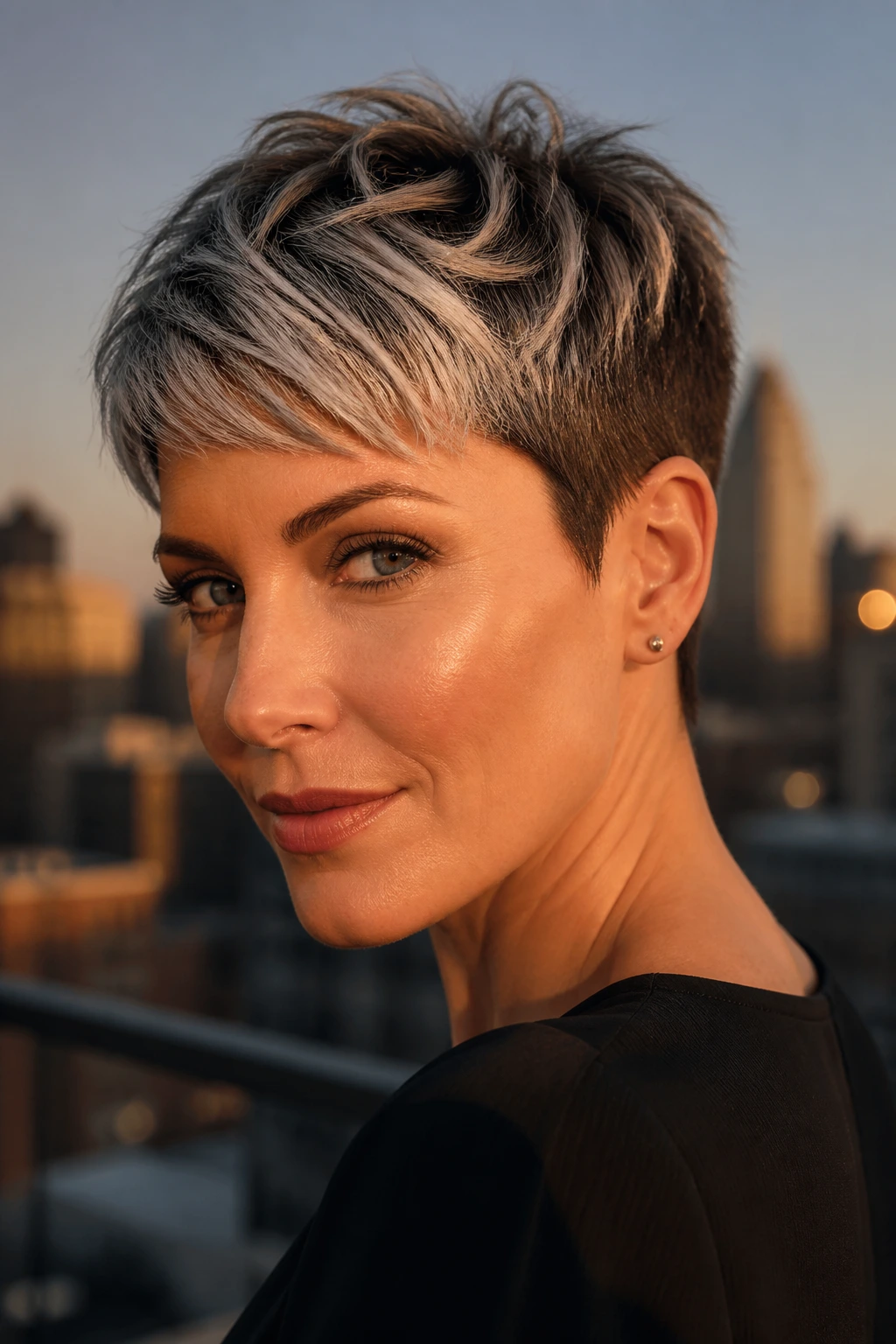 Close-up of real woman with frosted mushroom pixie haircut.