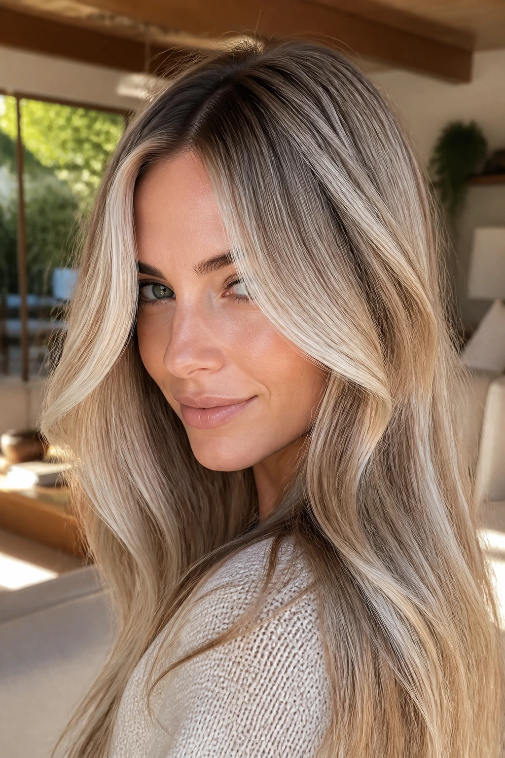 Woman with frost pearl highlights in light hair by window