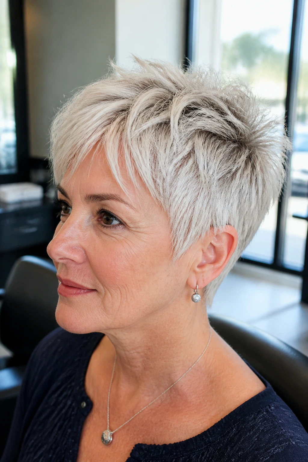 Frosted pixie cut with choppy texture on a real woman in natural light