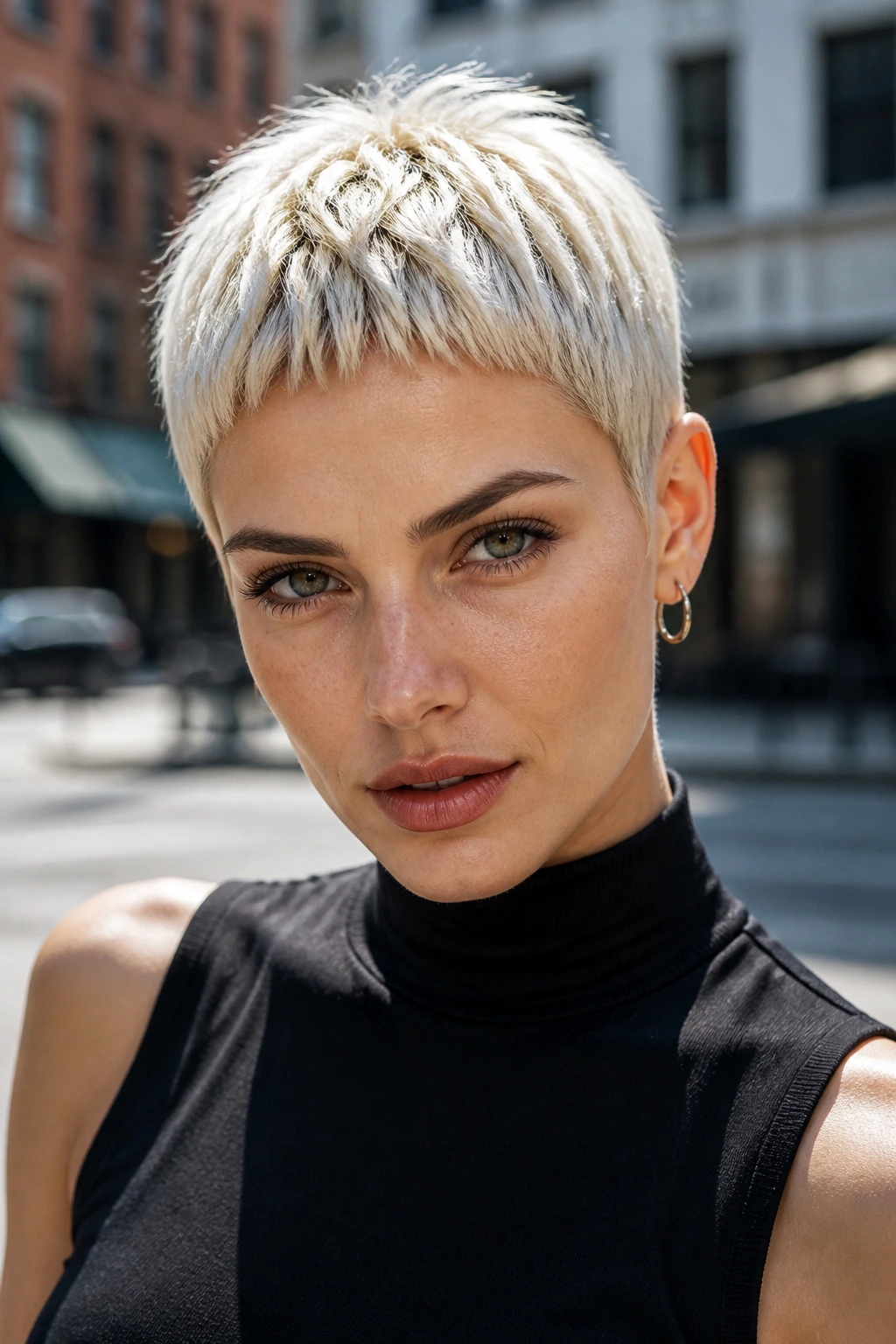 Close-up of a real woman with frosted pixie and micro bangs in daylight