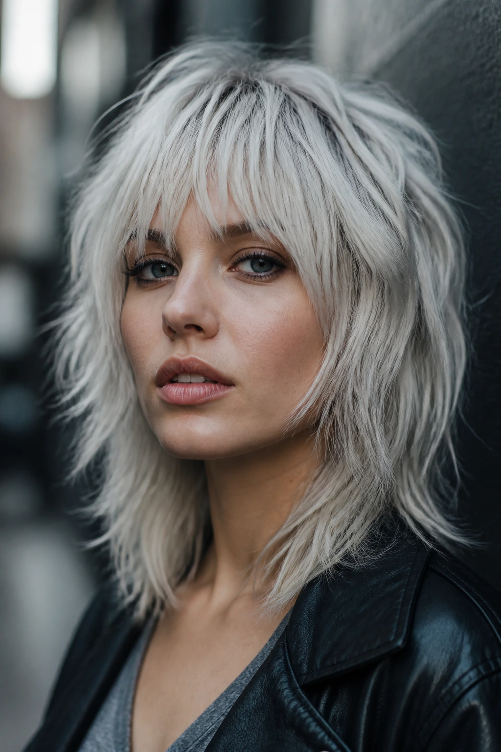 Close-up of a real woman with a frosted platinum shag hairstyle