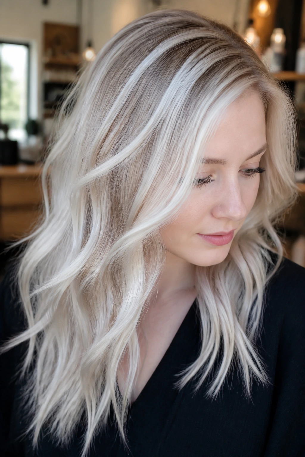 Close-up of a real woman with Frosted Ribbon Highlights on pale skin