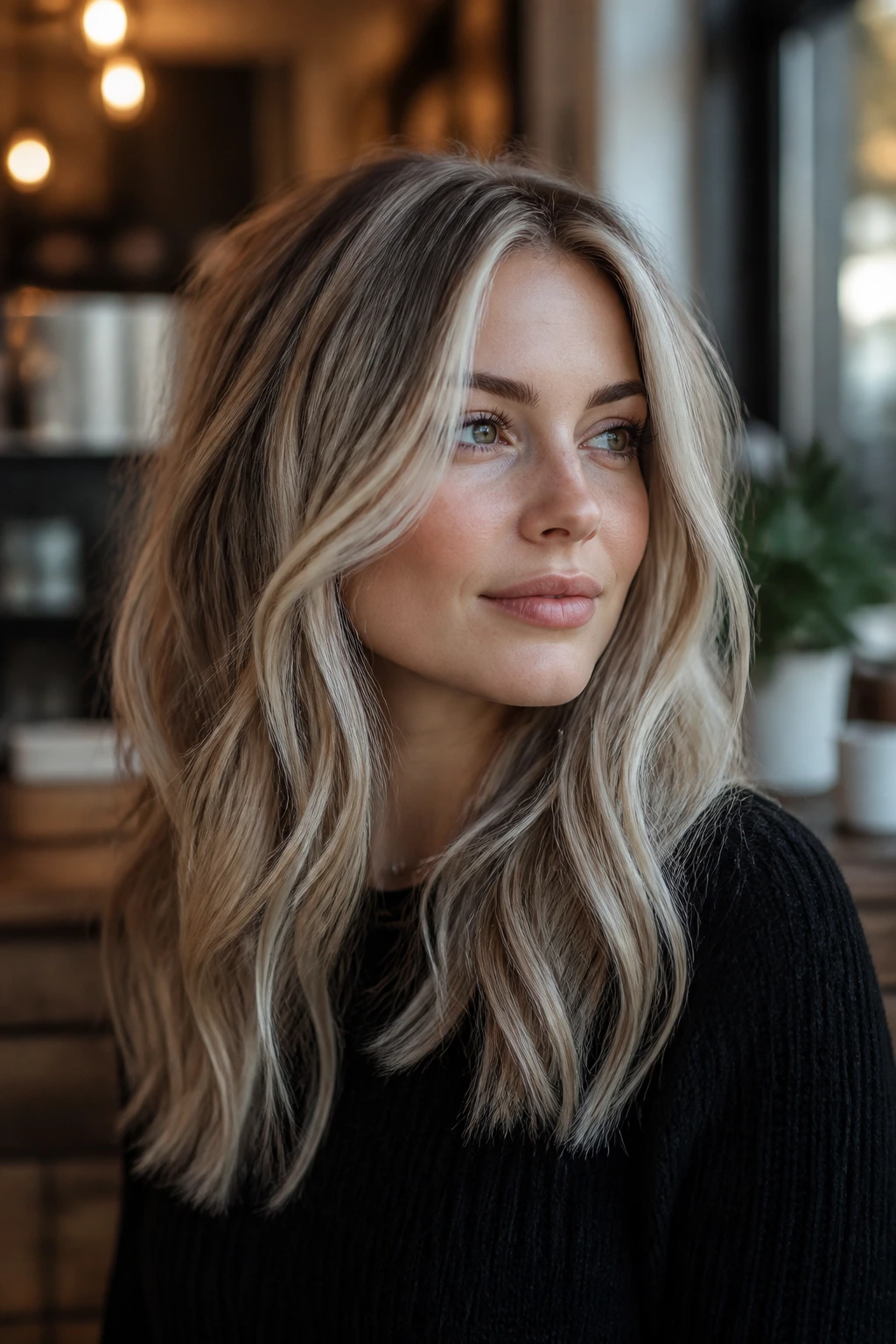 Real woman with frosted ribbon highlights catching light in hair