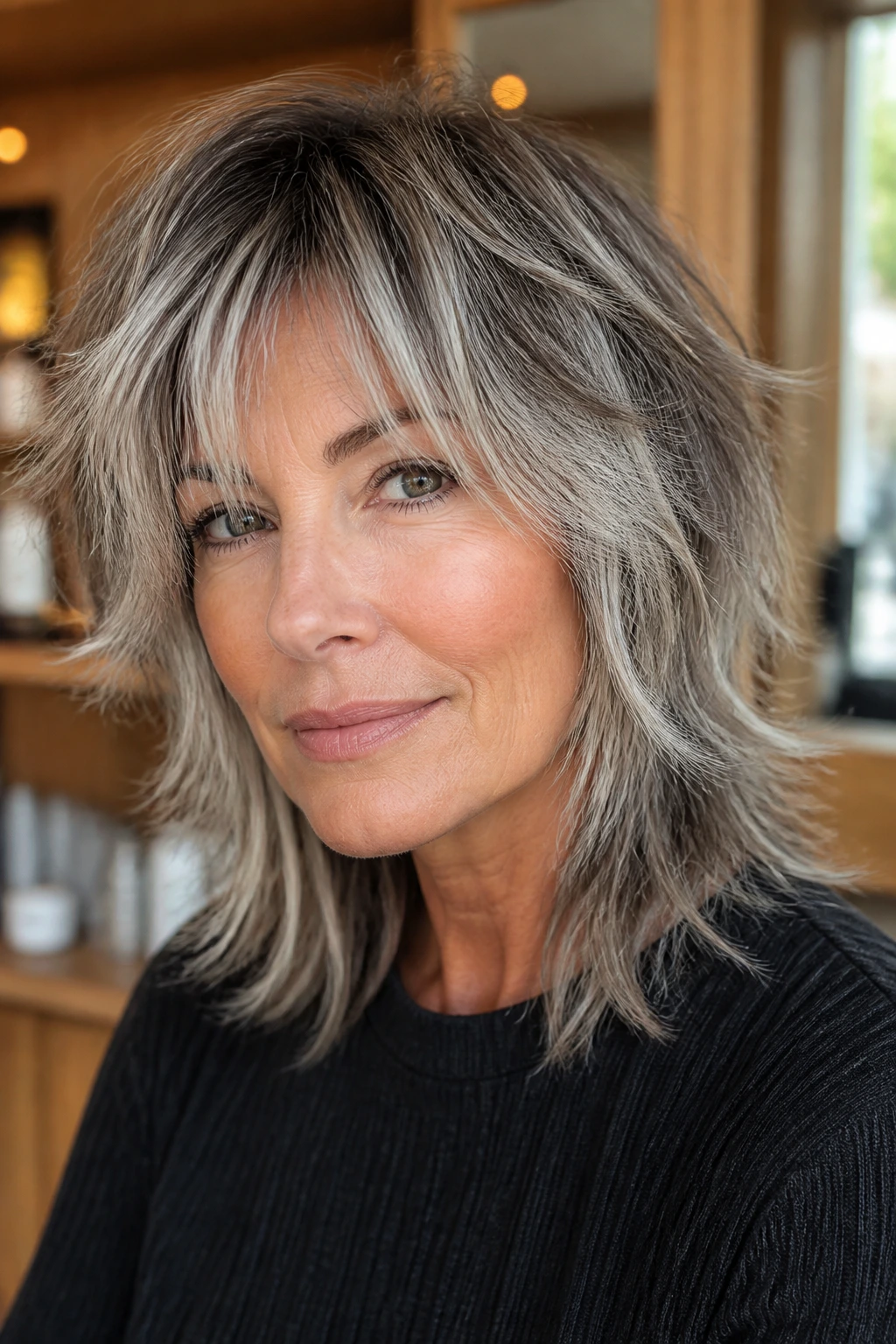 Close-up of a real woman's frosted shag layers with fringe highlights in a soft salon setting