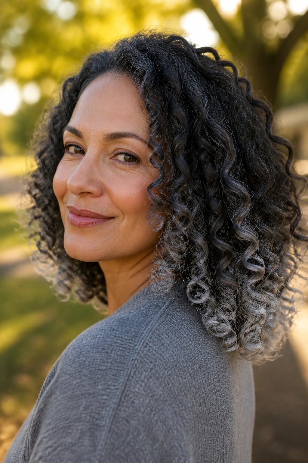 Close-up of real woman with frosted silver tips on curly ends in warm sunlight