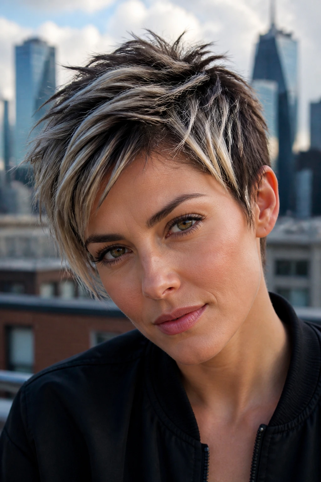Portrait of a woman with frosted tips on a modern pixie