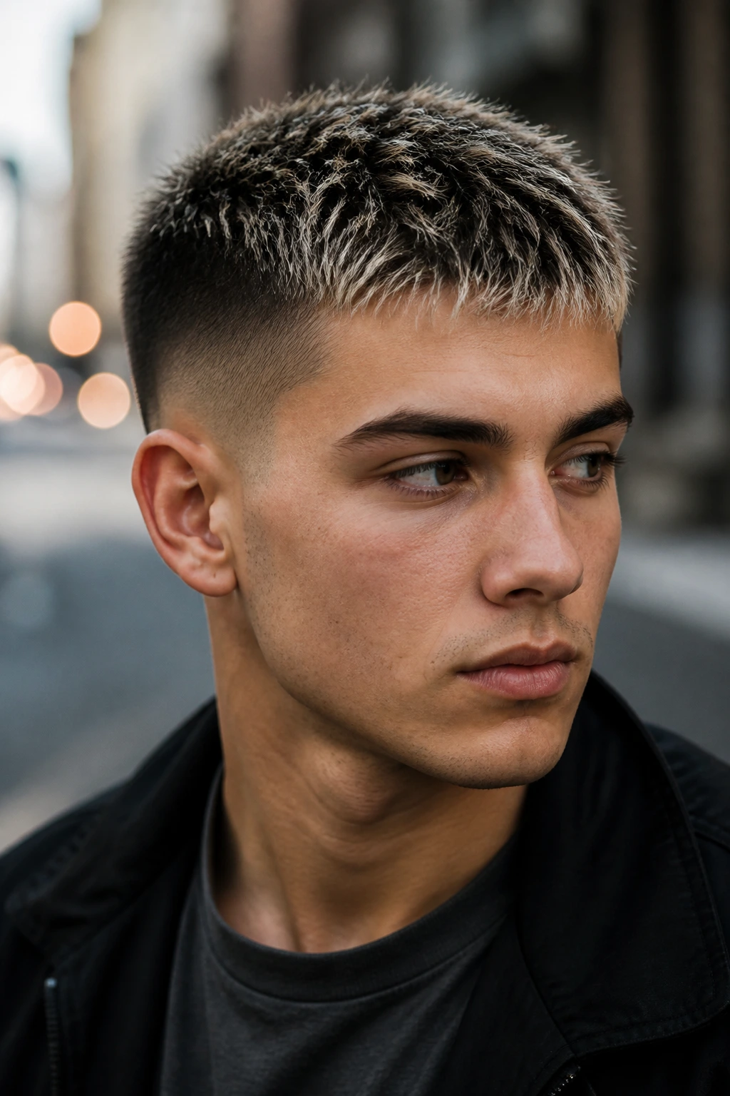 Close-up portrait of a real person with frosted tips on a short haircut