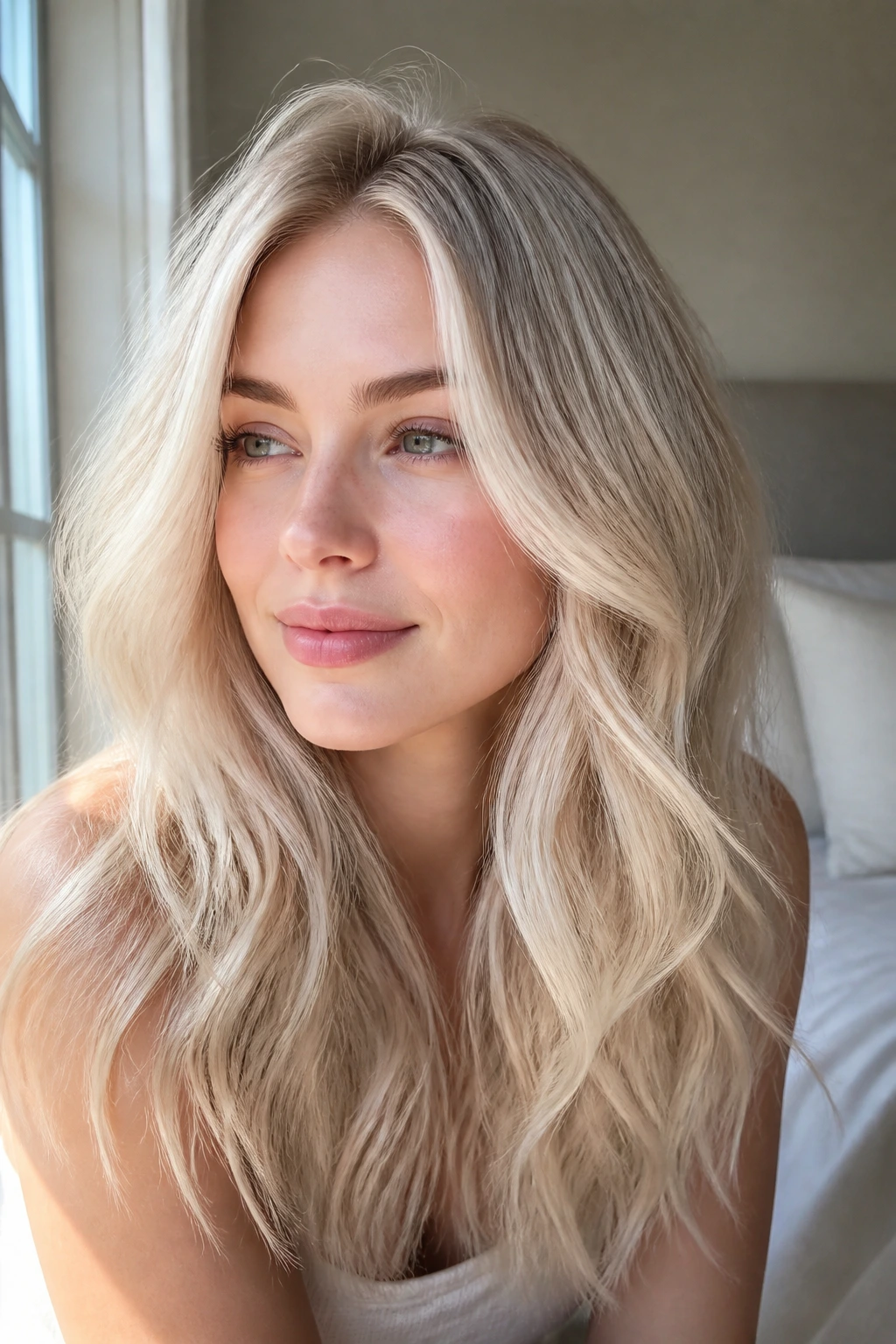 Close-up of a real woman with frosted vanilla blonde hair in a cool pearly tone.