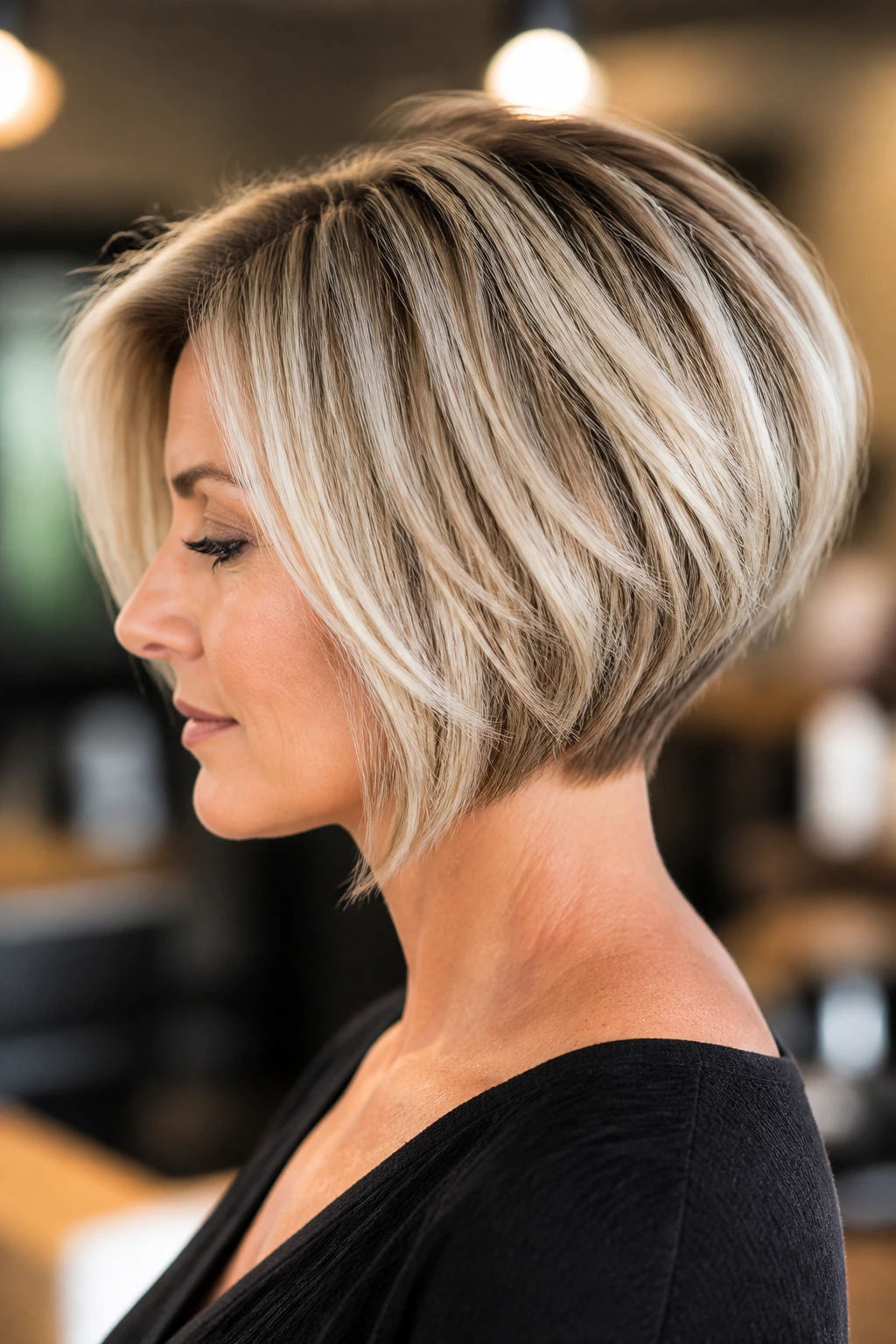 Side-profile close-up of a real woman with a frosted wedge bob showing stacked back and frosted highlights.