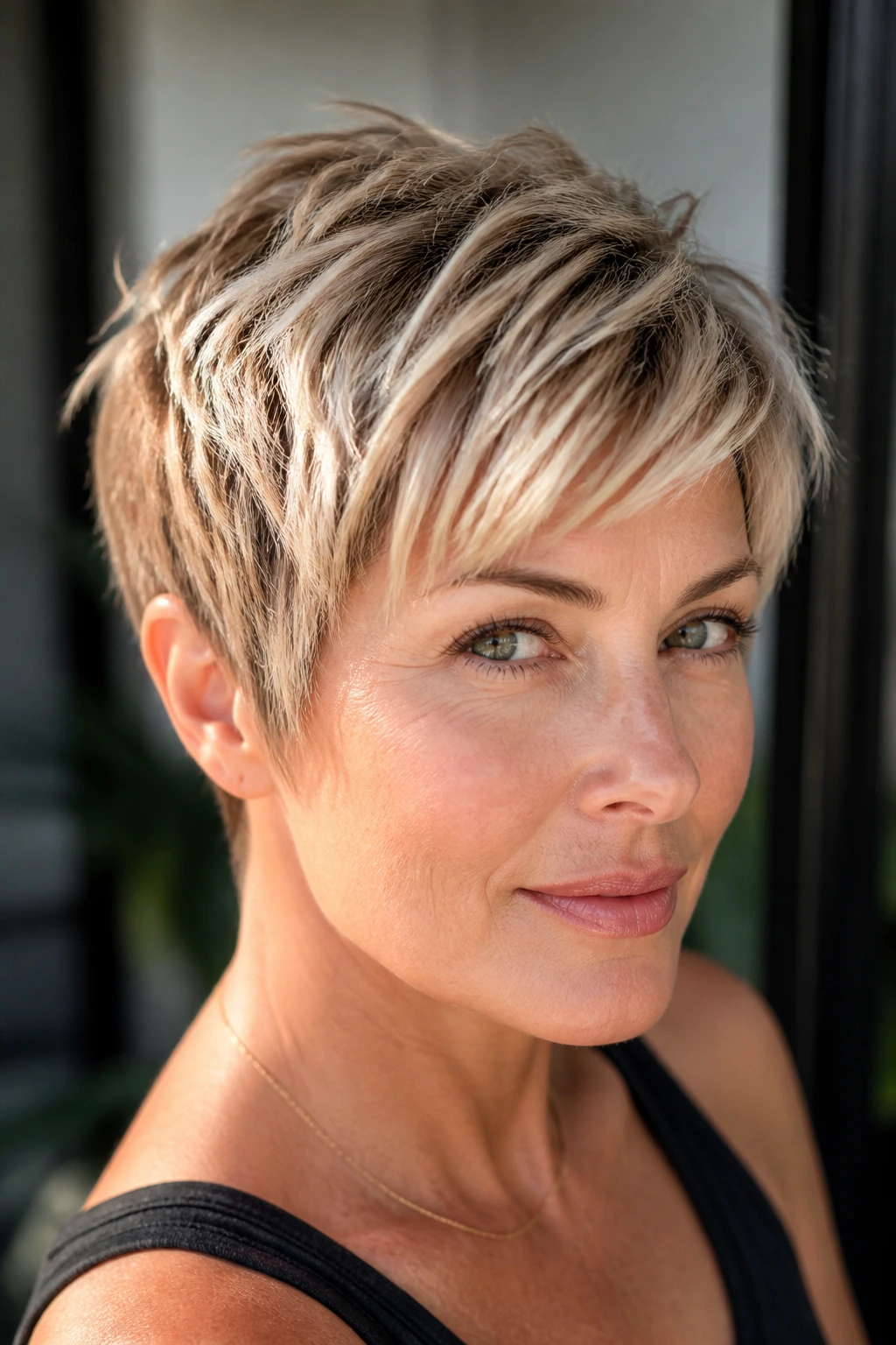 Portrait of a person with a frosted wheat pixie cut under natural light