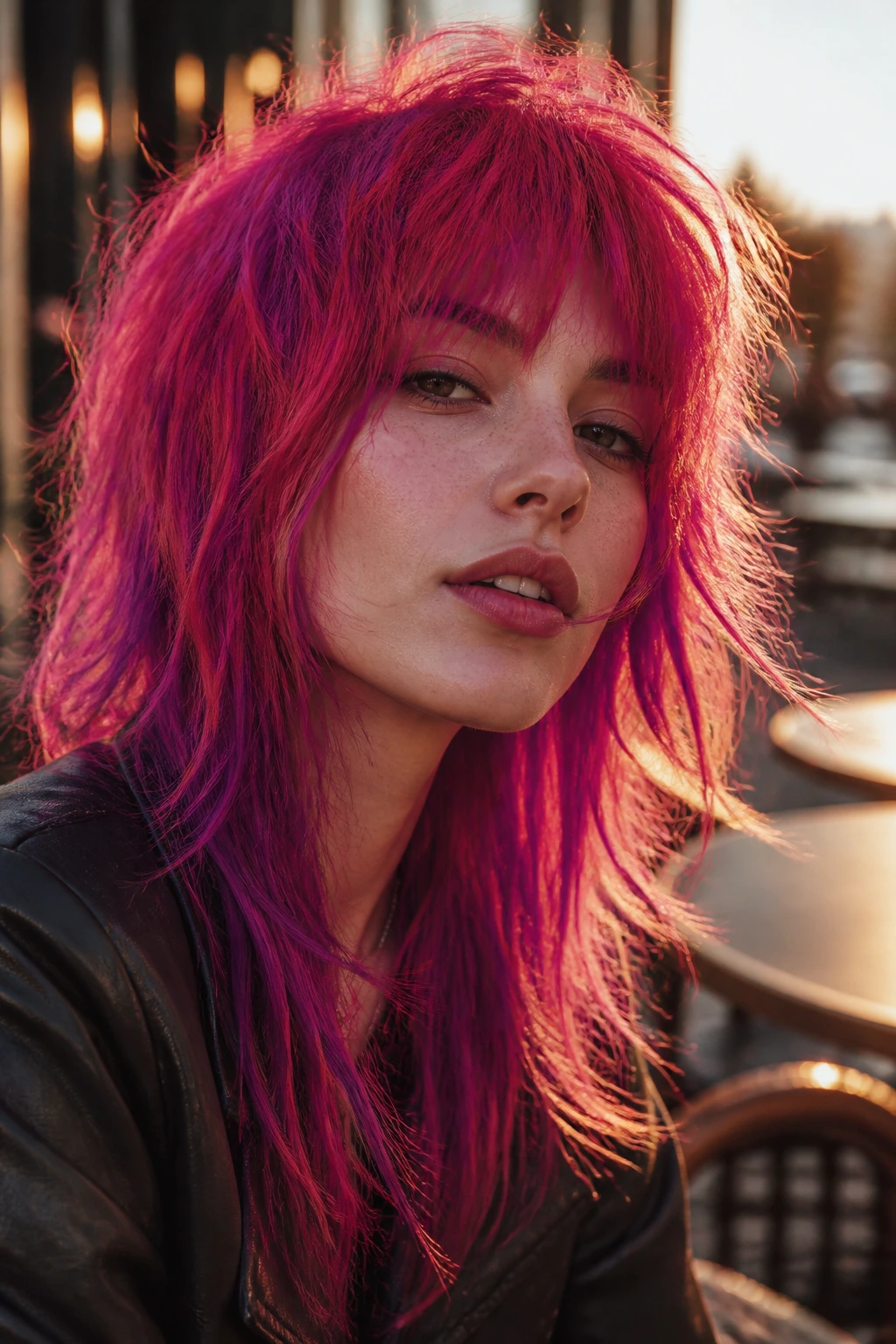 Real woman with fuchsia shag hairstyle in outdoor light