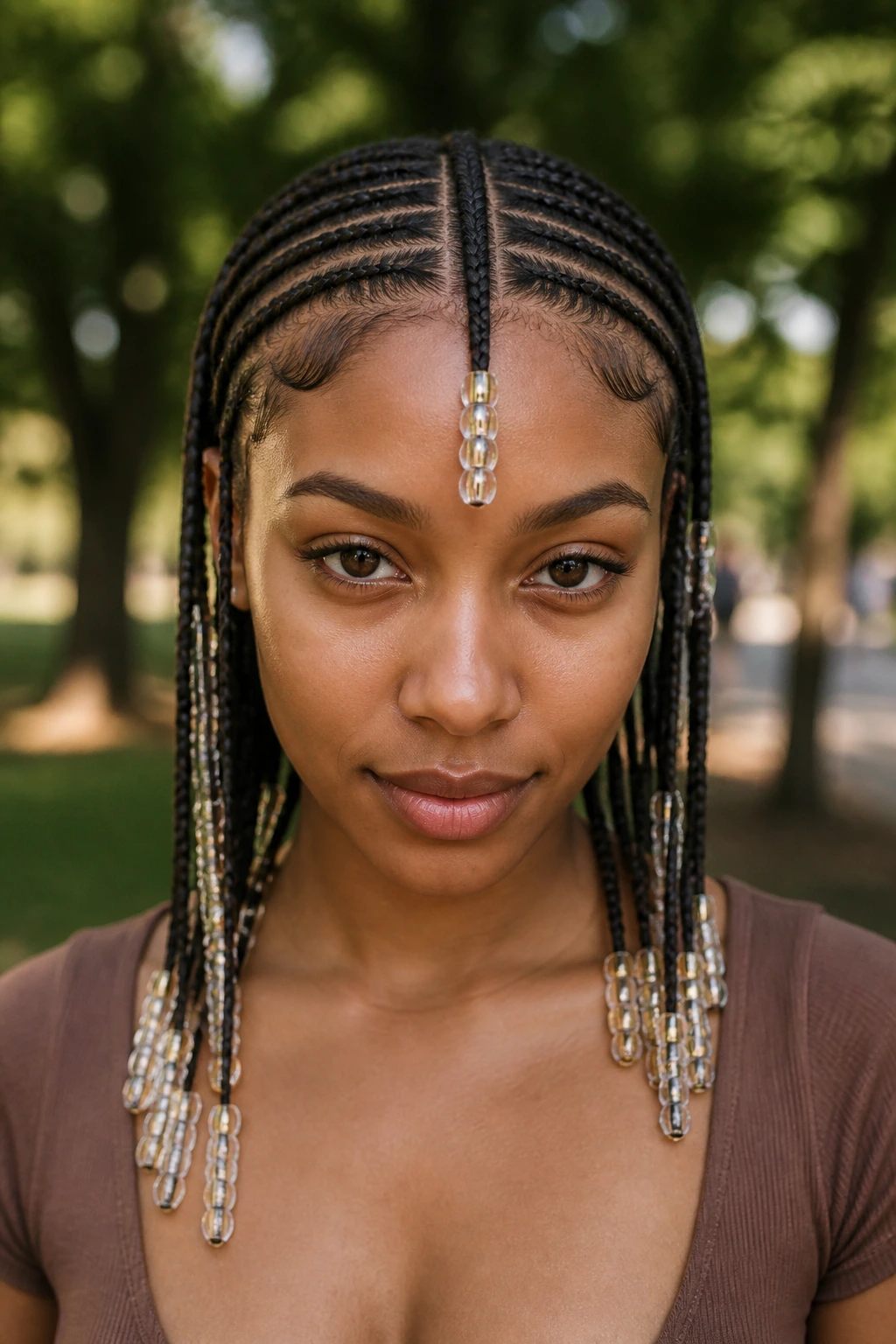 Close-up of Fulani-inspired braids with a single center row on a real person.