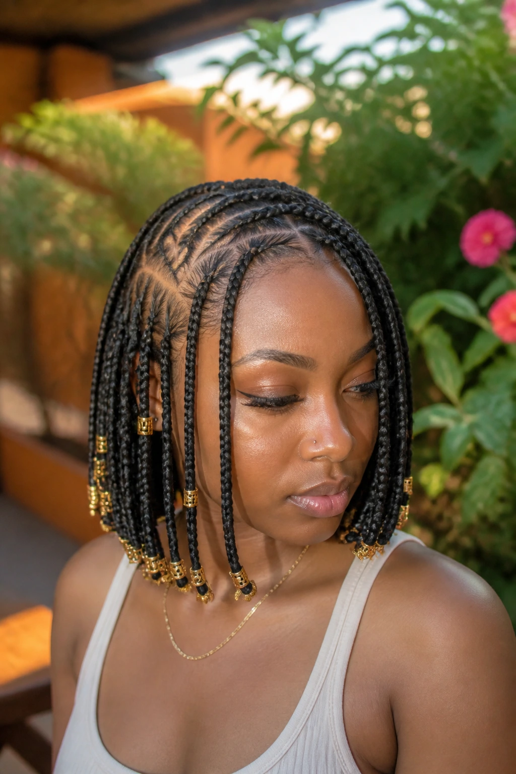 Real person with Fulani-inspired bob, cornrows and cuffs close-up