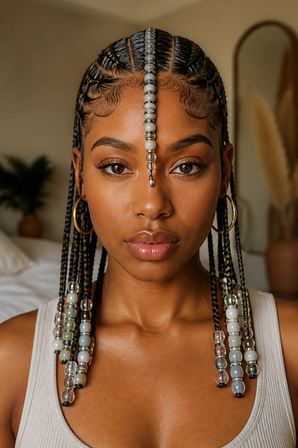 Front view of a real person with a single center Fulani braid and beads