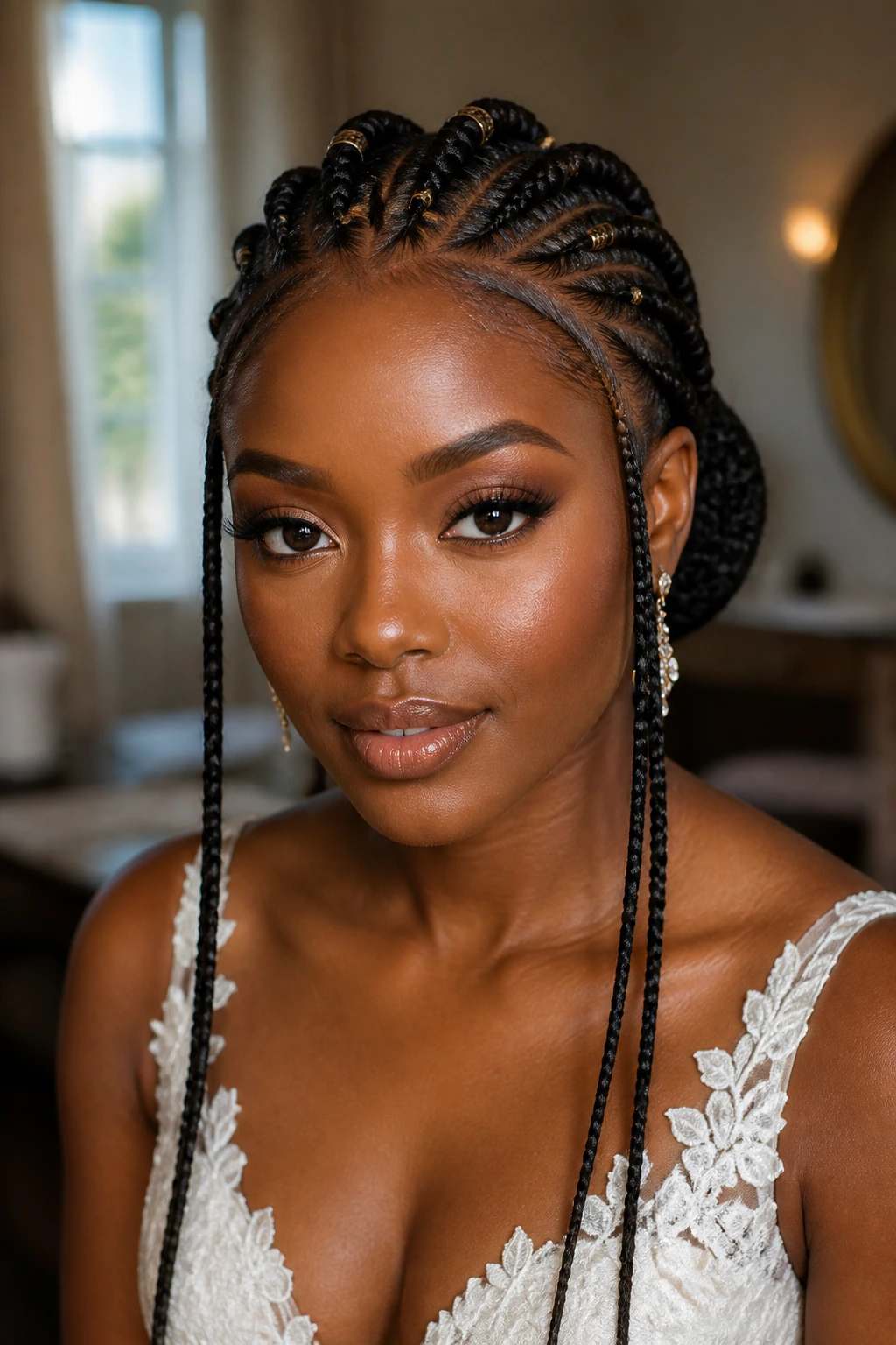 Close-up of a real bride wearing a Fulani-inspired braid crown with cornrows and a back bun in a bridal suite.