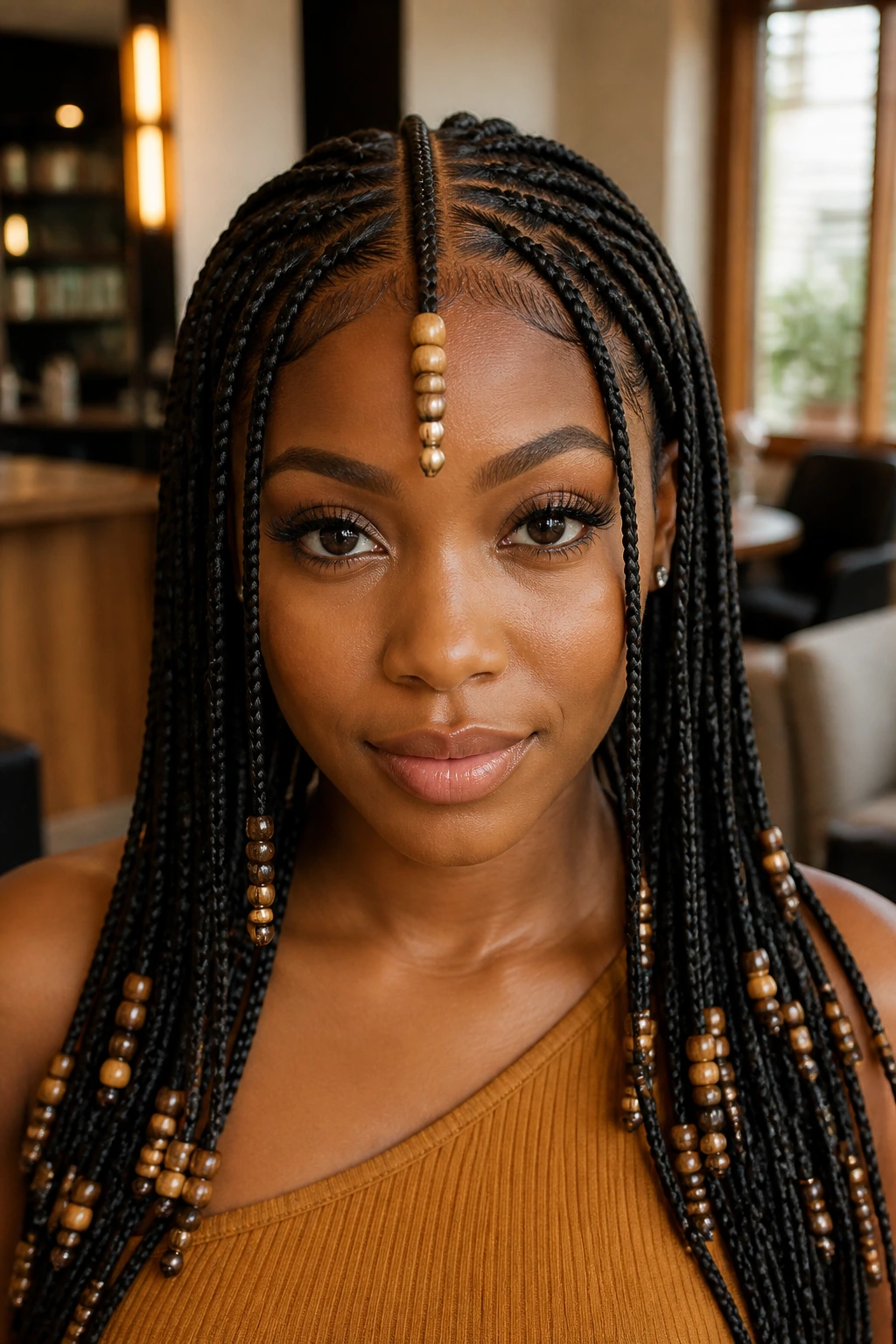 Portrait of a woman with Fulani braids and a centerline bead drop.