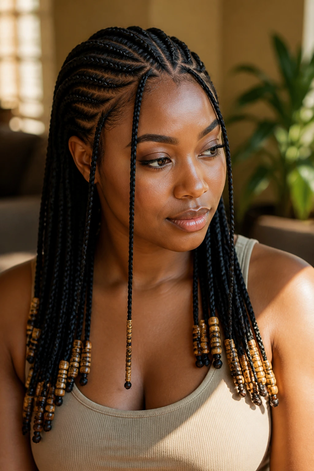 Close-up portrait of a real woman with Fulani braids and beads in warm, sunlit living room