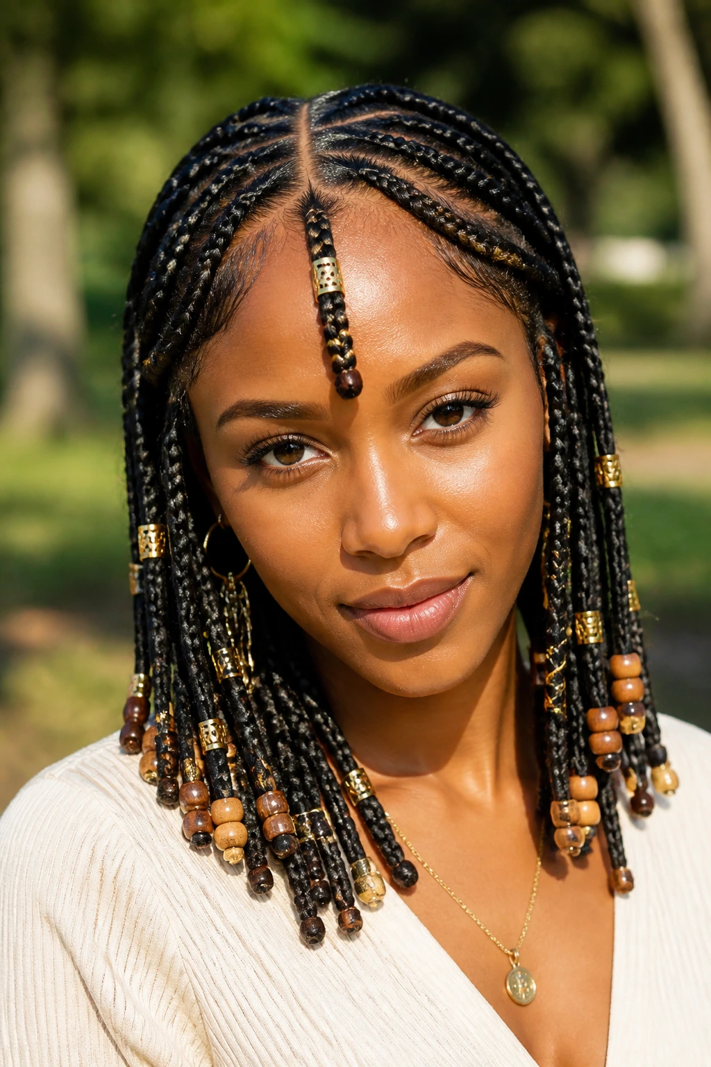 Close-up of a woman with Fulani-inspired beaded braids