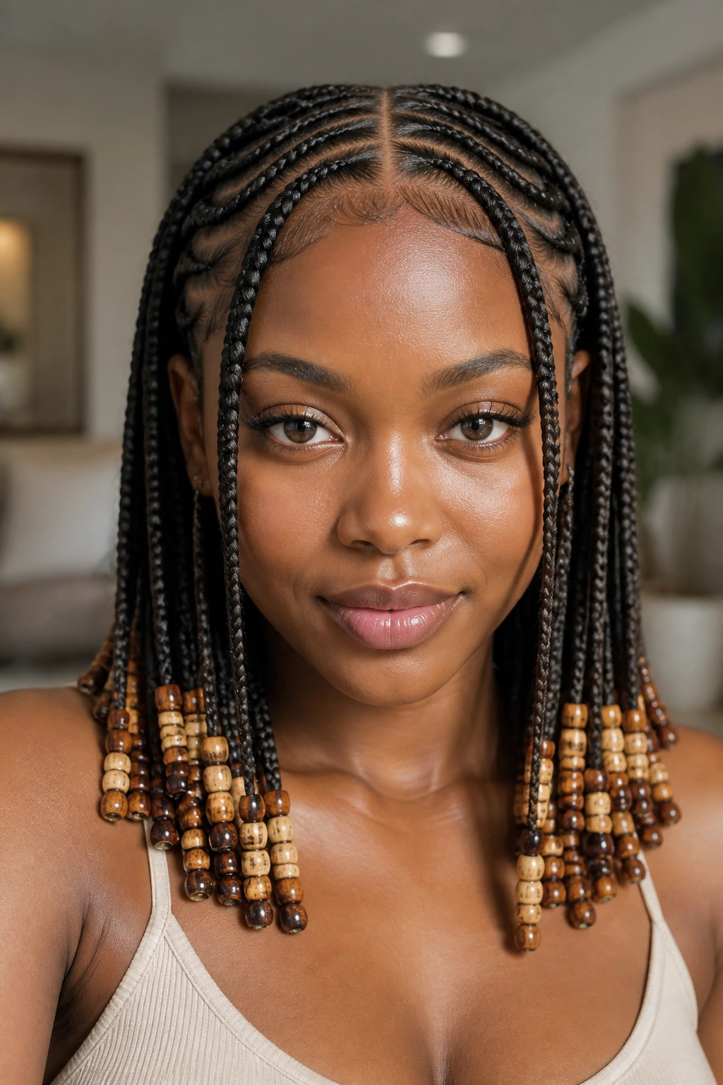 Front portrait of a woman wearing center-part Fulani braids with beads at the ends