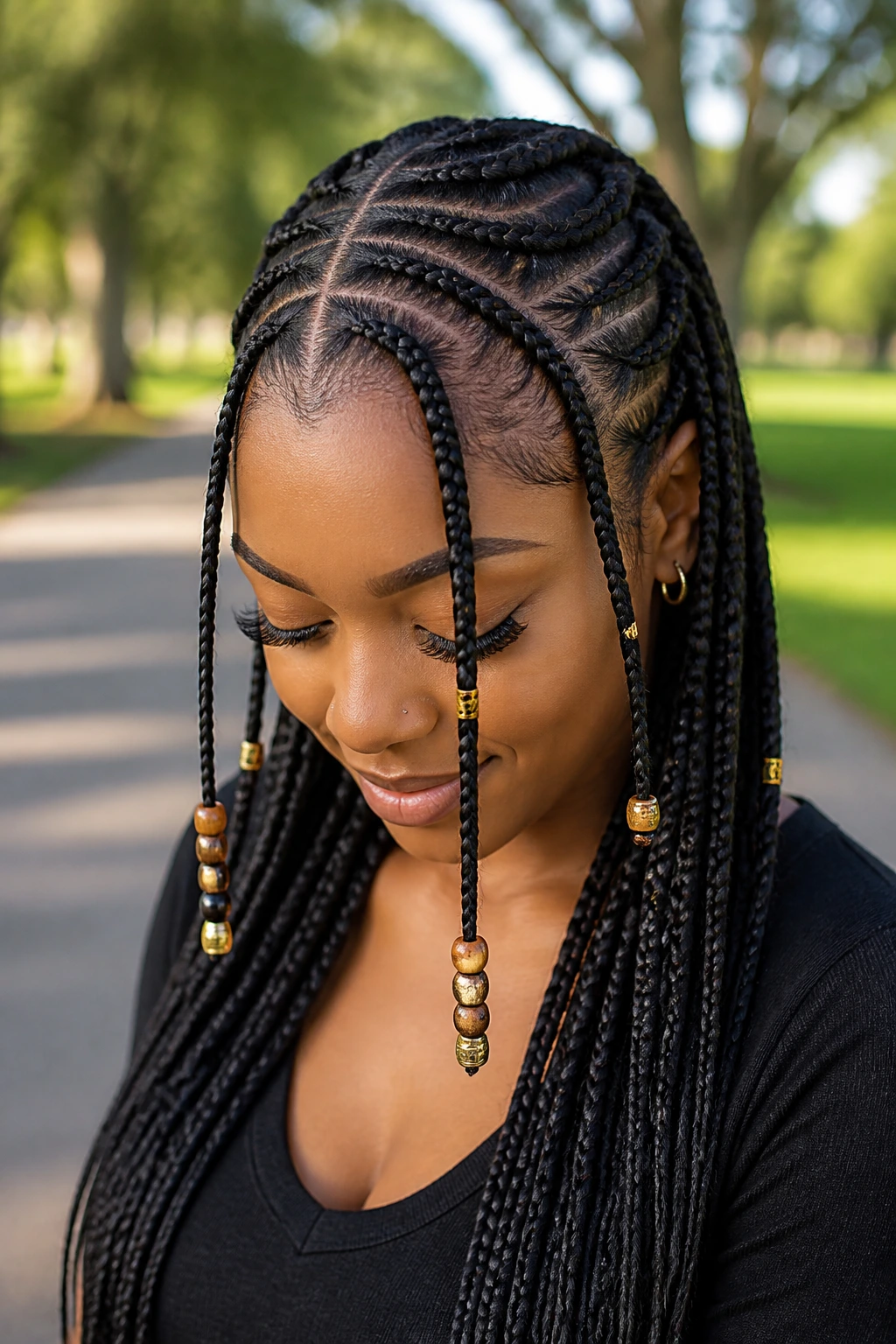 Close-up portrait of a real woman with Fulani braids and decorative beads.