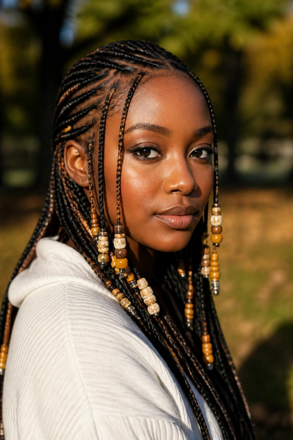 Close-up of Fulani braids with beads on a real woman in a park