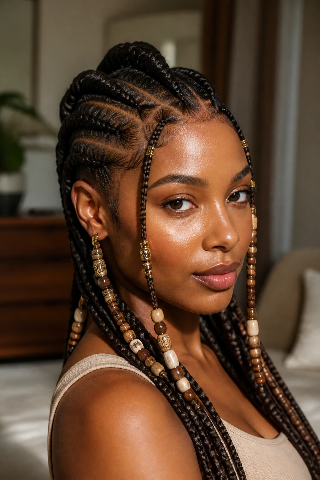 Close-up of a person with Fulani-inspired braids with beads on thick natural hair
