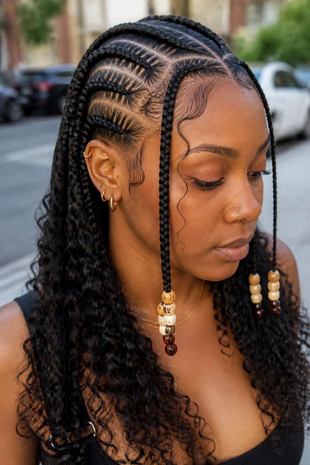 Close-up of Fulani braids with side cornrows and loose curls on a real person outdoors