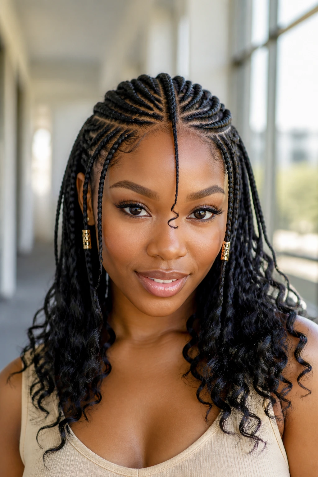 Portrait of a woman with Fulani braids and curly ends framing the head