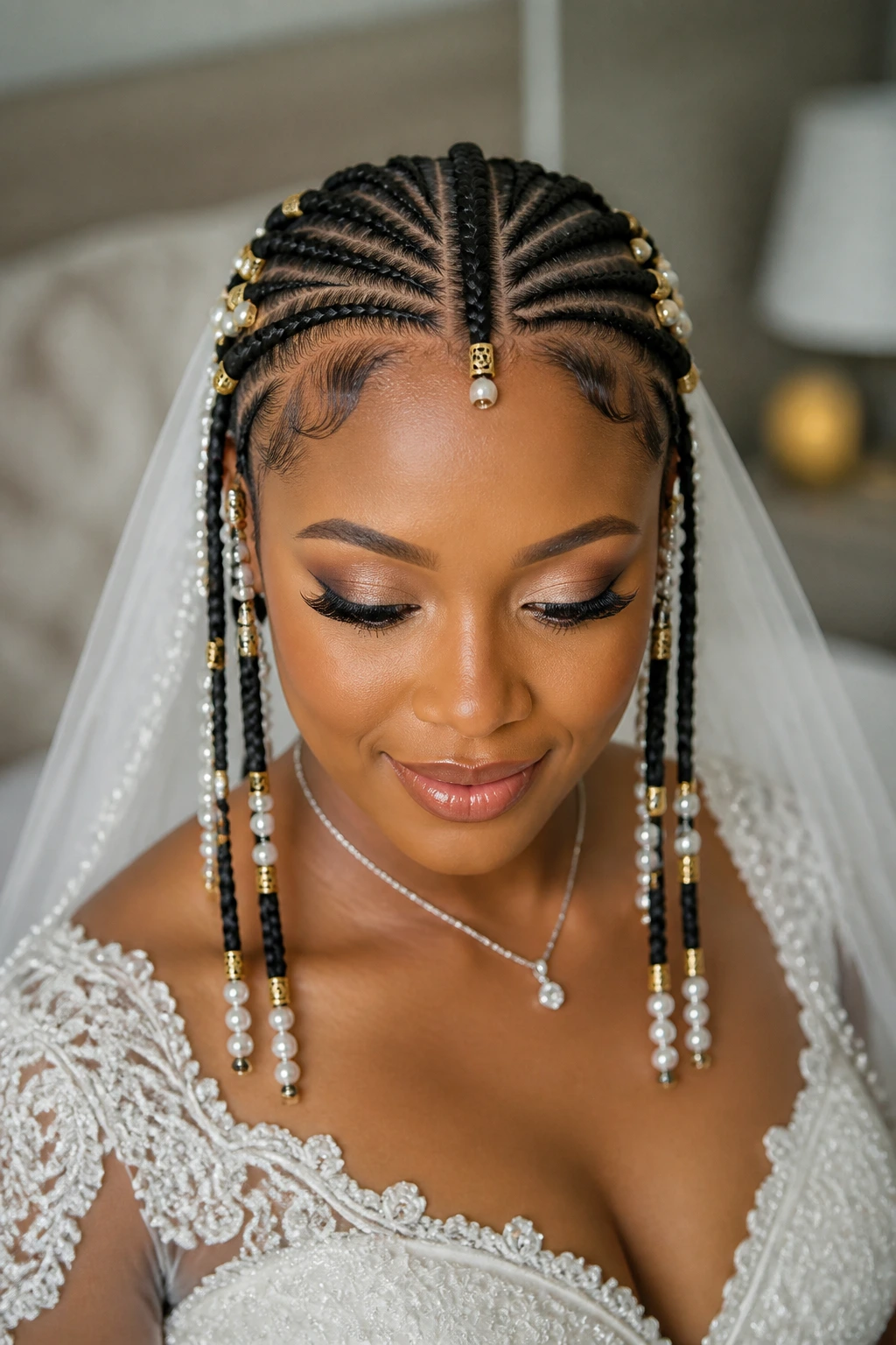 Close-up of a real bride with Fulani braids adorned with pearls and cuffs
