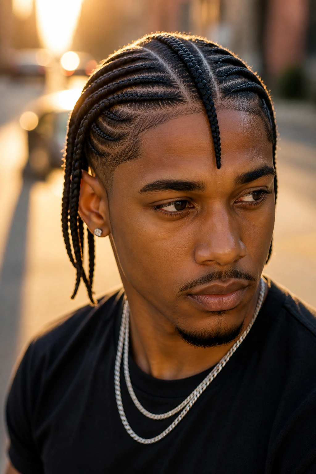 Close-up of a man with Fulani-inspired braids and curved parting on a city street at golden hour.