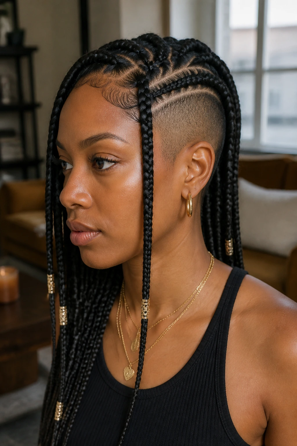 Close-up portrait of a woman with Fulani braids and a clean shaved side panel