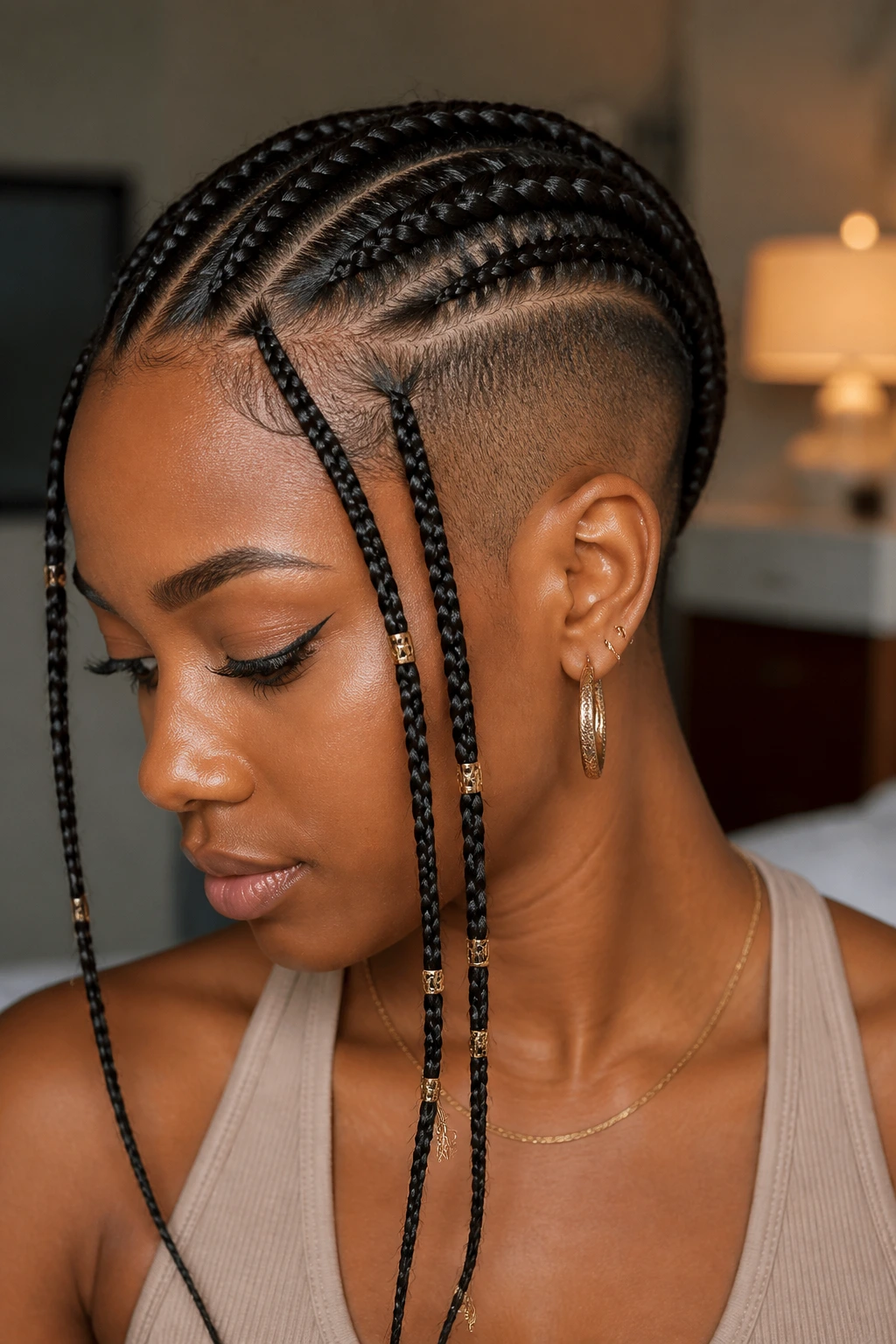 Close-up portrait of a real woman with Fulani braids and a clean undercut, softly lit interior.