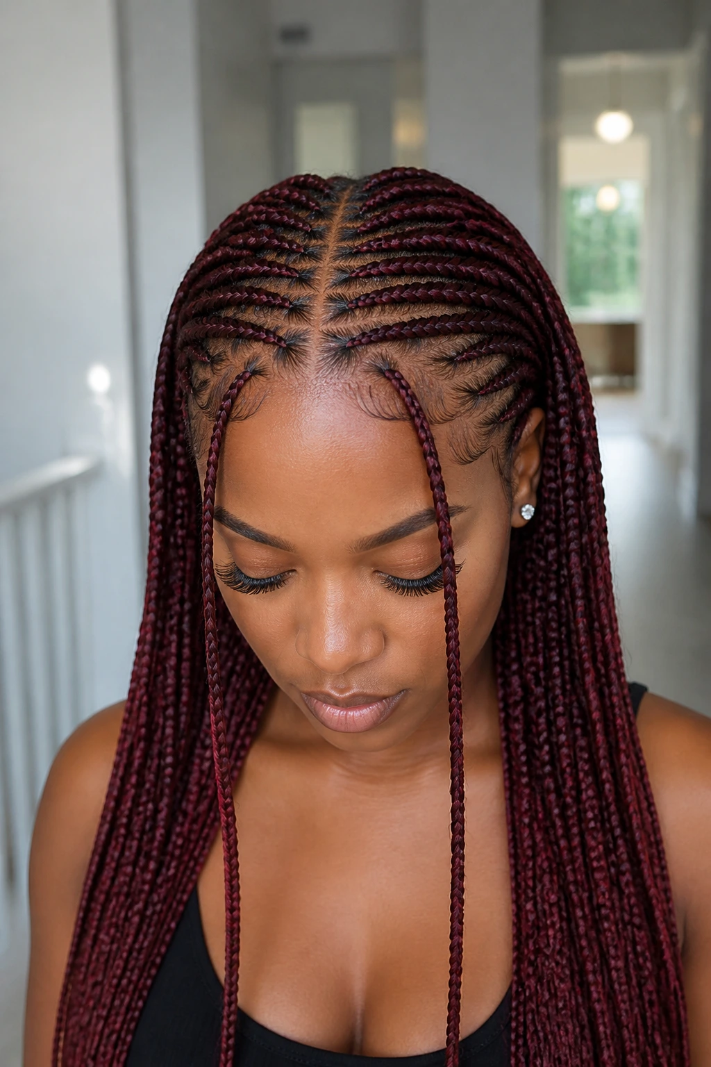 Close-up of Fulani-inspired burgundy knotless braids on a real person