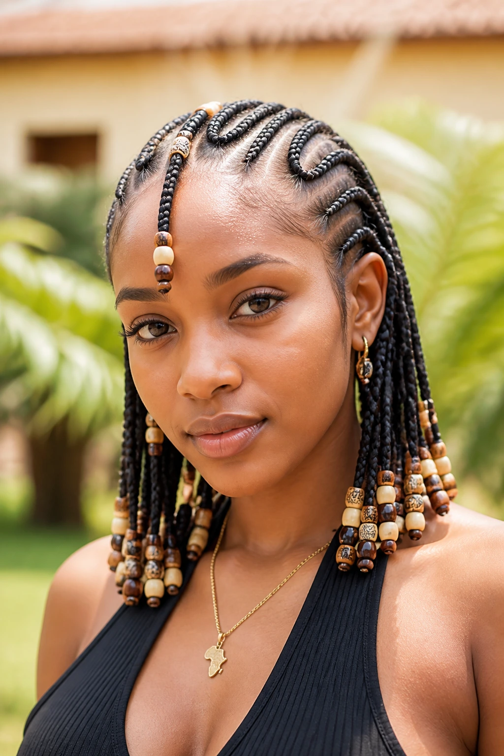 Close-up of Fulani cornrows with beads in an outdoor courtyard