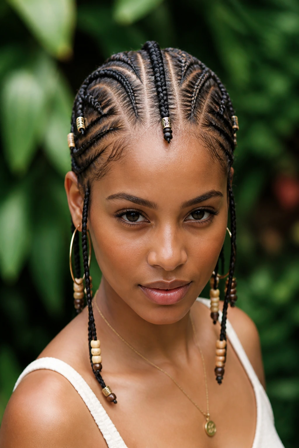 Portrait of a woman with Fulani-inspired cornrows featuring center and side accents.
