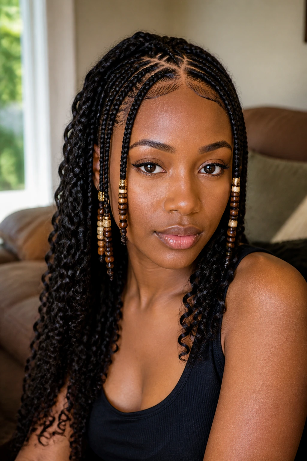 Close-up portrait of a real person with Fulani-inspired crochet beads framing the face