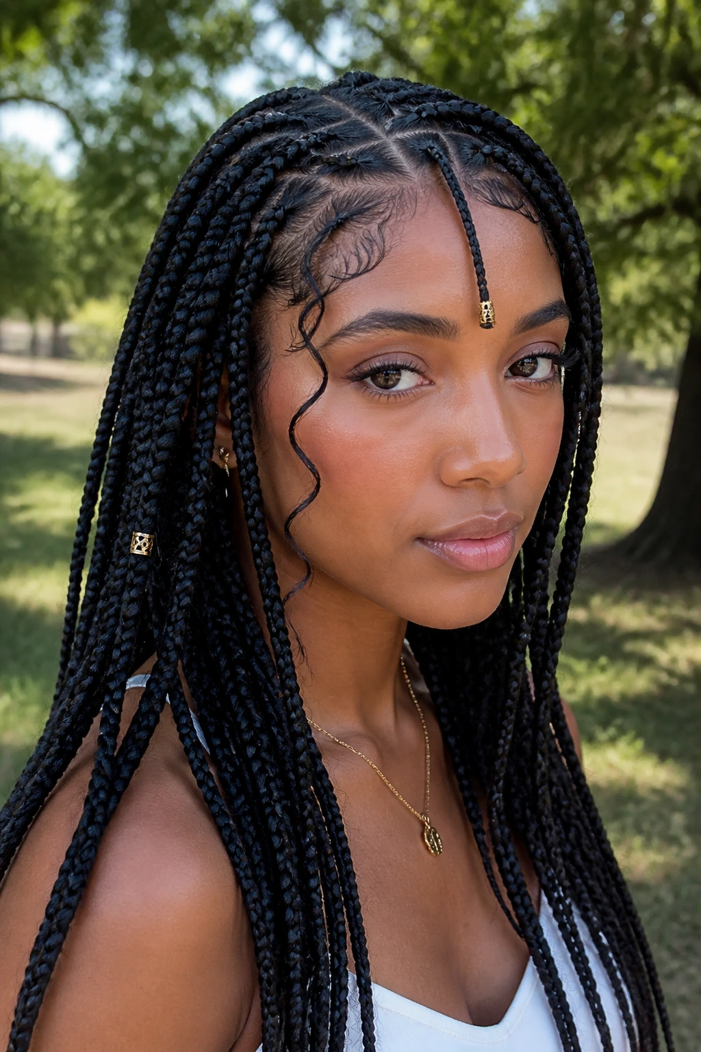 Portrait of a woman with Fulani front-detail braids and center braid in a park setting