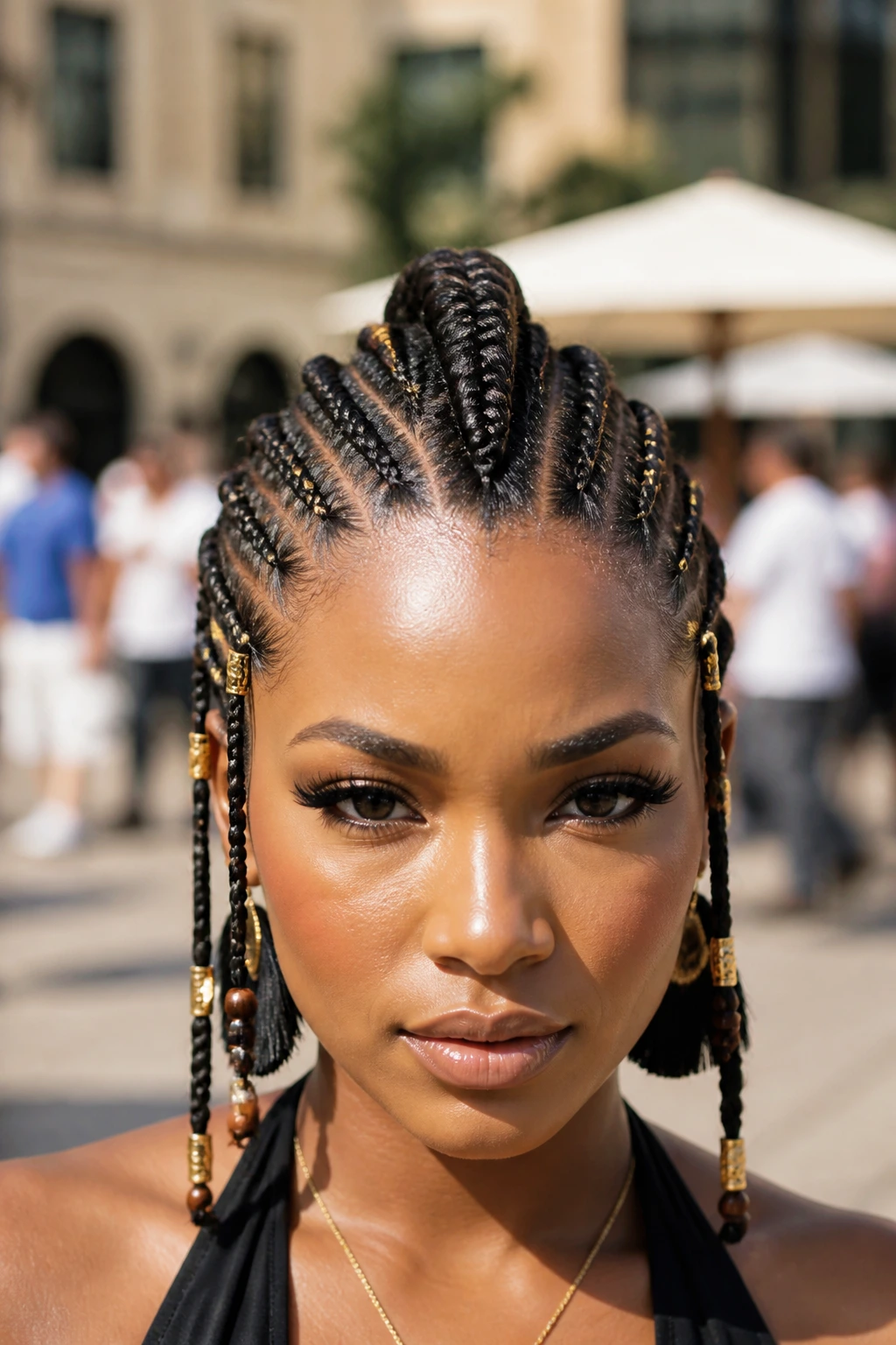 Real person with Fulani-inspired braided mohawk featuring beads