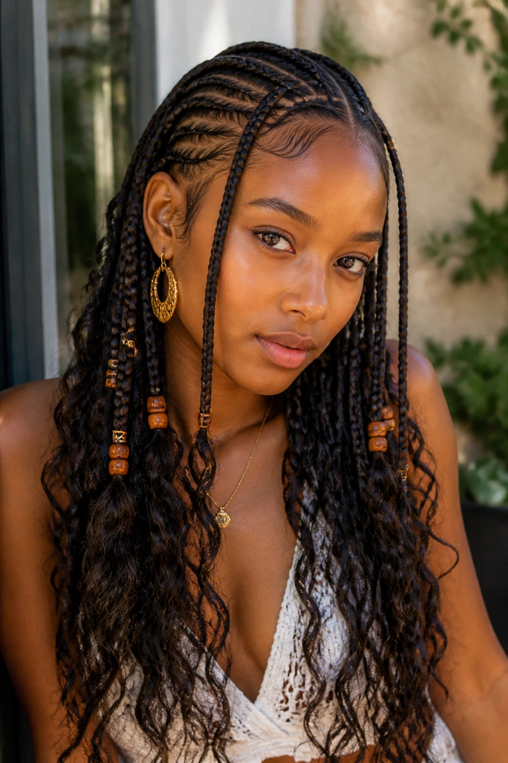 Close-up of a woman with Fulani-inspired knotless braids and boho ends with beads