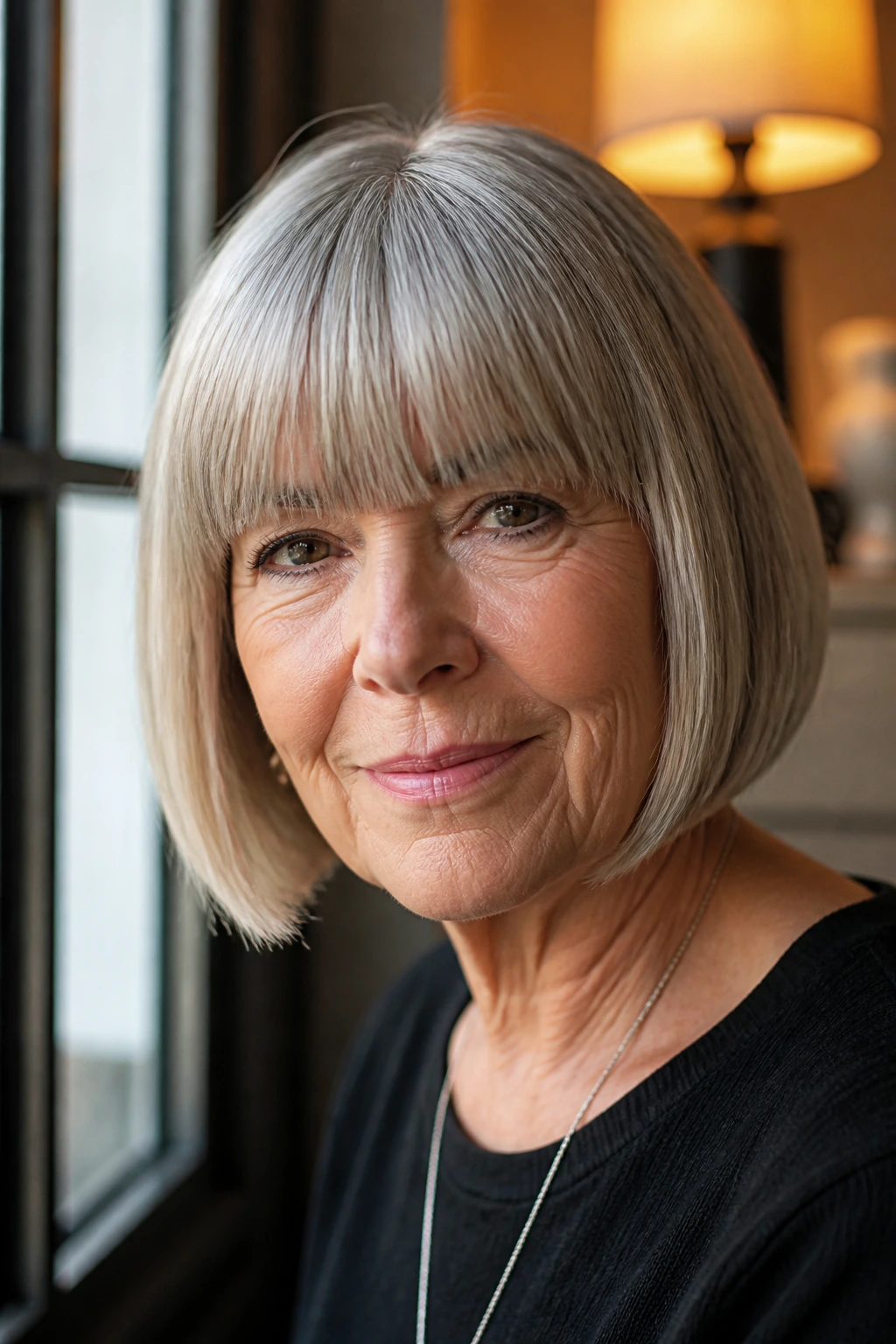 Close-up of a woman with full bangs and a bob in warm indoor light